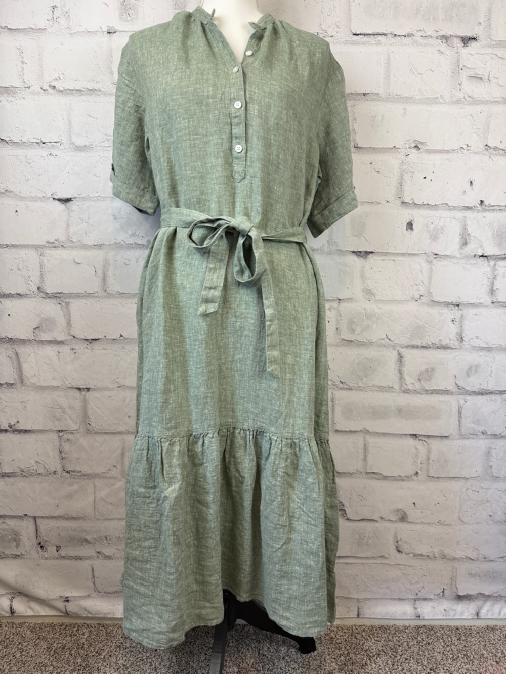Haven Well Within 100% Linen Green Midi Peasant Dress